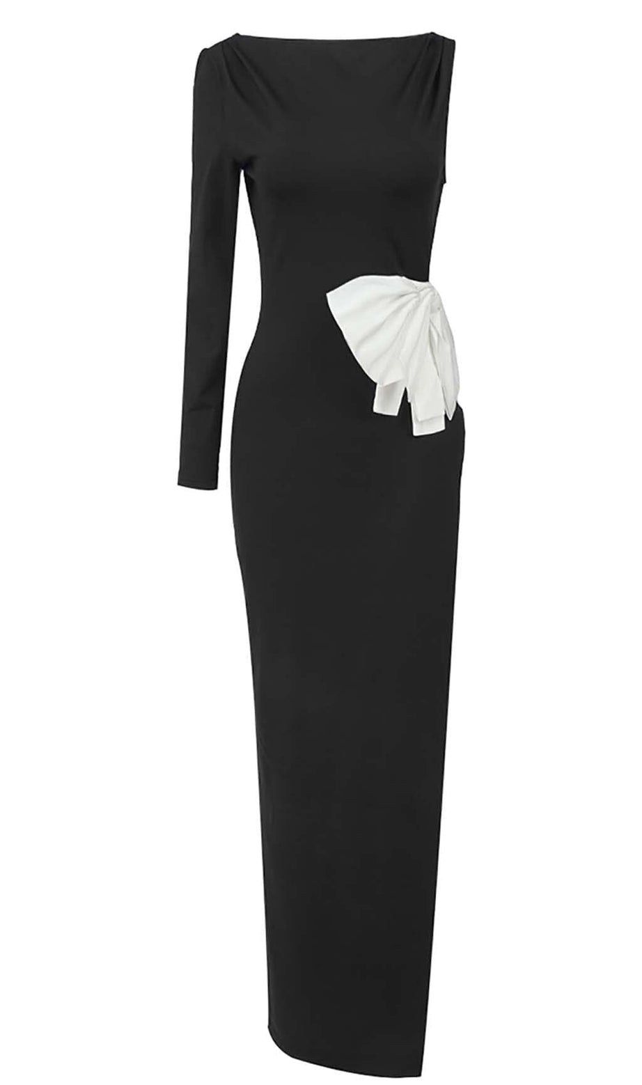 SLIT OPEN BOW BELTED MAXI DRESS IN BLACK