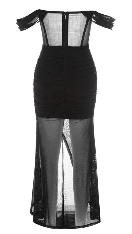 ABITO A FASCIA IN PIZZO CON RUCHES NERO