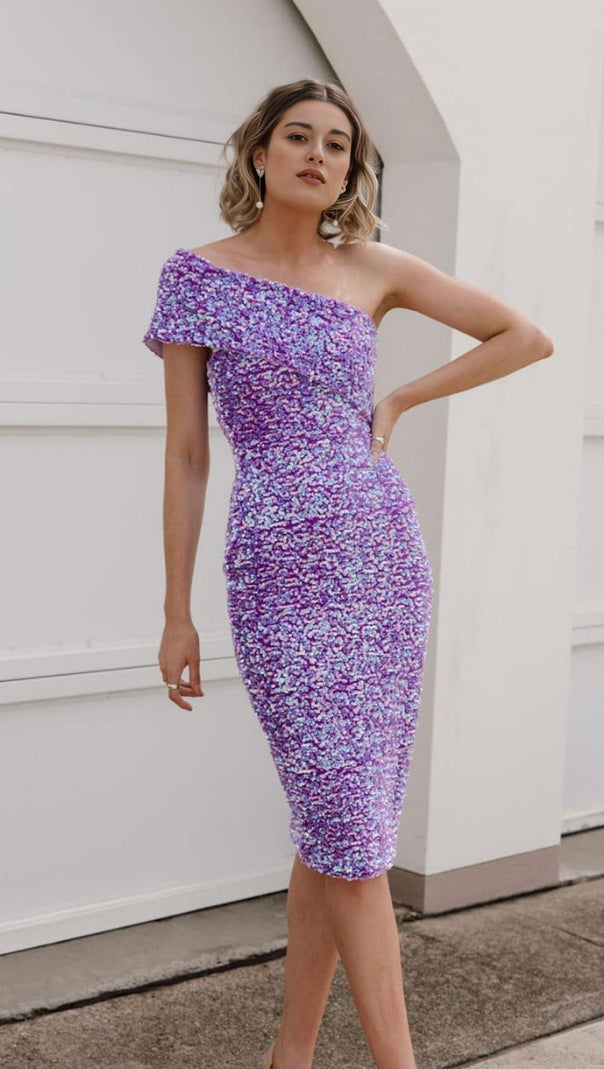 ABITO MIDI SENZA SPALLINE CON PAILLETTES VIOLA 