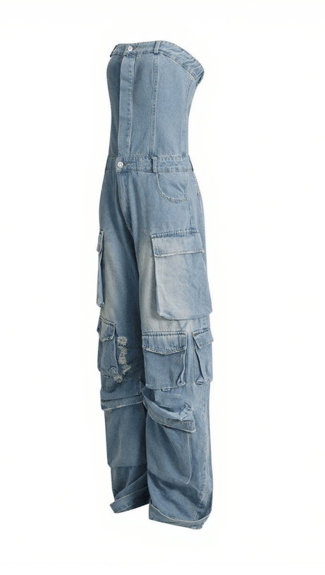 EDEN STRAPLESS POCKET DENIM JUMPSUIT IN BLUE