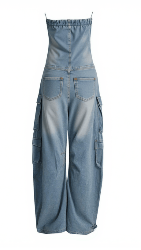 EDEN STRAPLESS POCKET DENIM JUMPSUIT IN BLUE