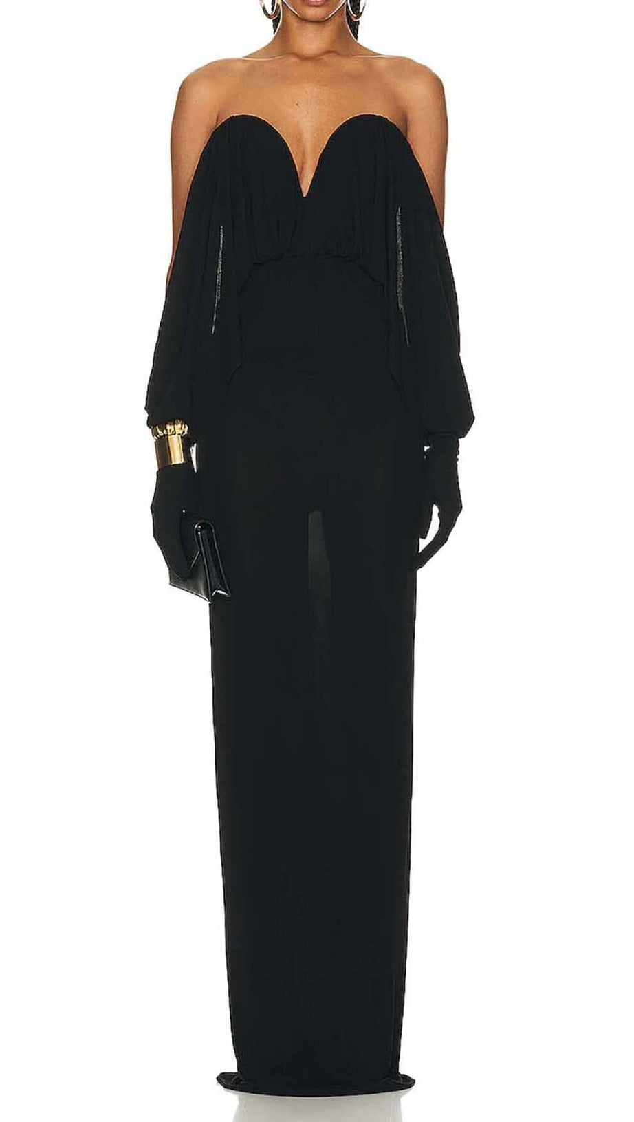 ABITO LUNGO IN MAGLIA DRAPPEGGIATA SENZA SPALLINE IN NERO