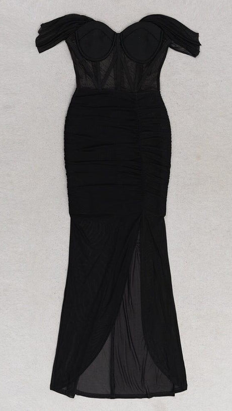 ABITO A FASCIA IN PIZZO CON RUCHES NERO