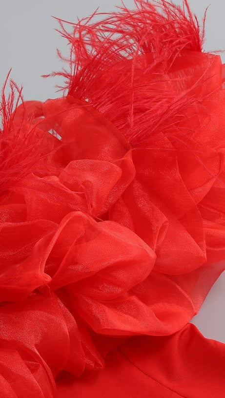 STRAPLESS PUFFY FLOWER MINI DRESS IN RED