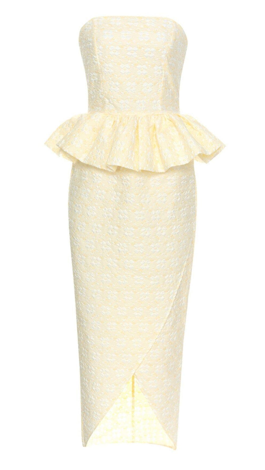 STRAPLESS RUFFLE MIDI DRESS IN IVORY