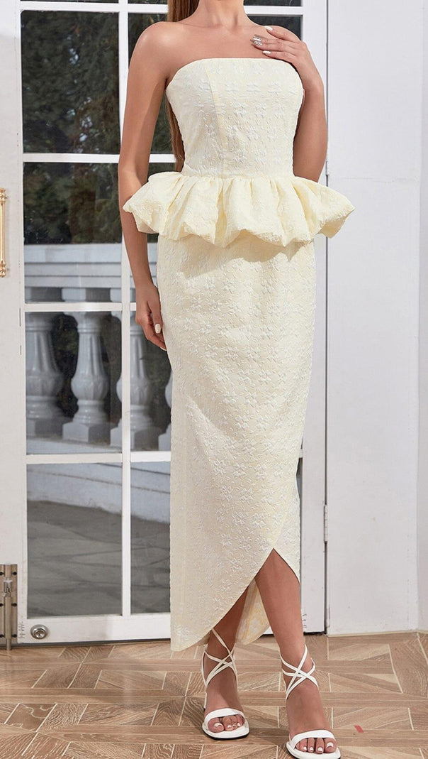 AIIZIE STRAPLESS RUFFLE MIDI DRESS IN IVORY - product image