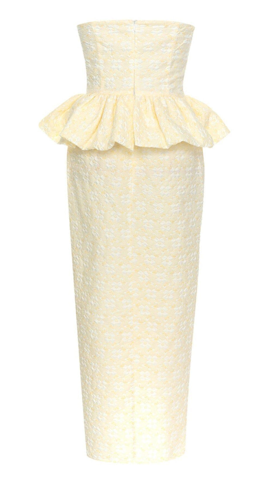 STRAPLESS RUFFLE MIDI DRESS IN IVORY