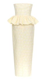 STRAPLESS RUFFLE MIDI DRESS IN IVORY