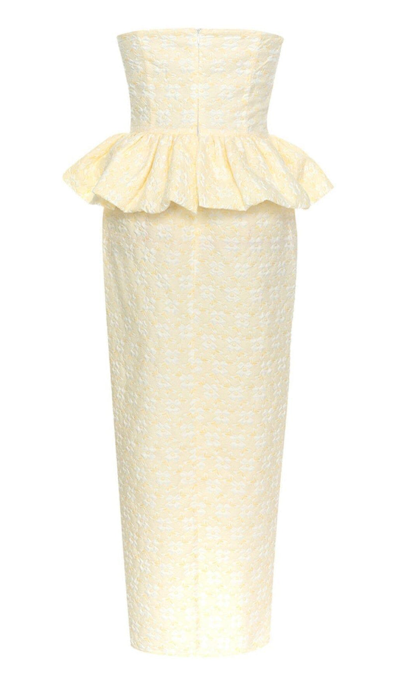 STRAPLESS RUFFLE MIDI DRESS IN IVORY