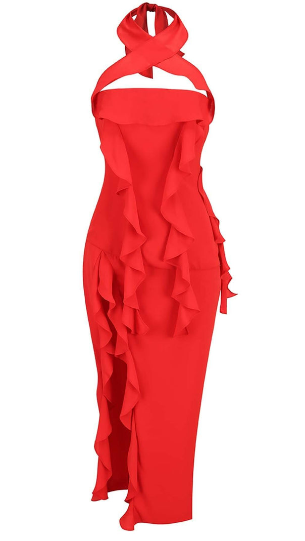 AIIZIE STRAPLESS RUFFLE SLIT MIDI DRESS IN RED - product image