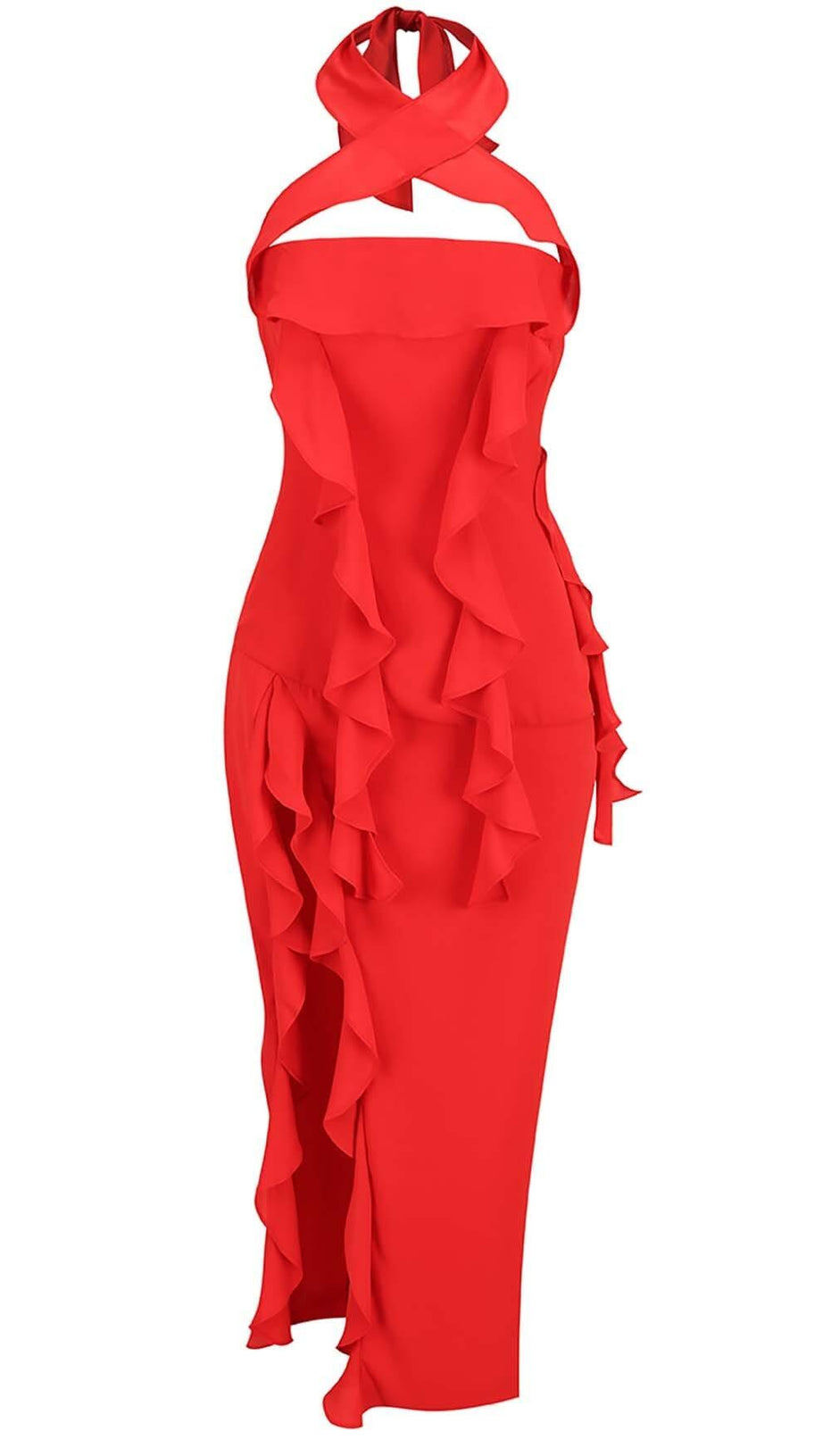 STRAPLESS RUFFLE SLIT MIDI DRESS IN RED
