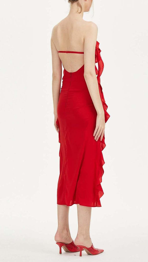 AIIZIE STRAPLESS RUFFLE SLIT MIDI DRESS IN RED - product image