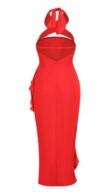 STRAPLESS RUFFLE SLIT MIDI DRESS IN RED