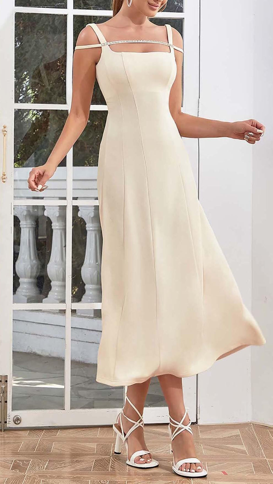 STRUCTURED CORSET FLOUNCED MIDI DRESS IN IVORY