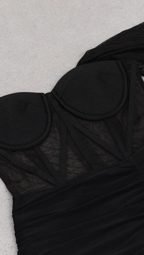 ABITO A FASCIA IN PIZZO CON RUCHES NERO