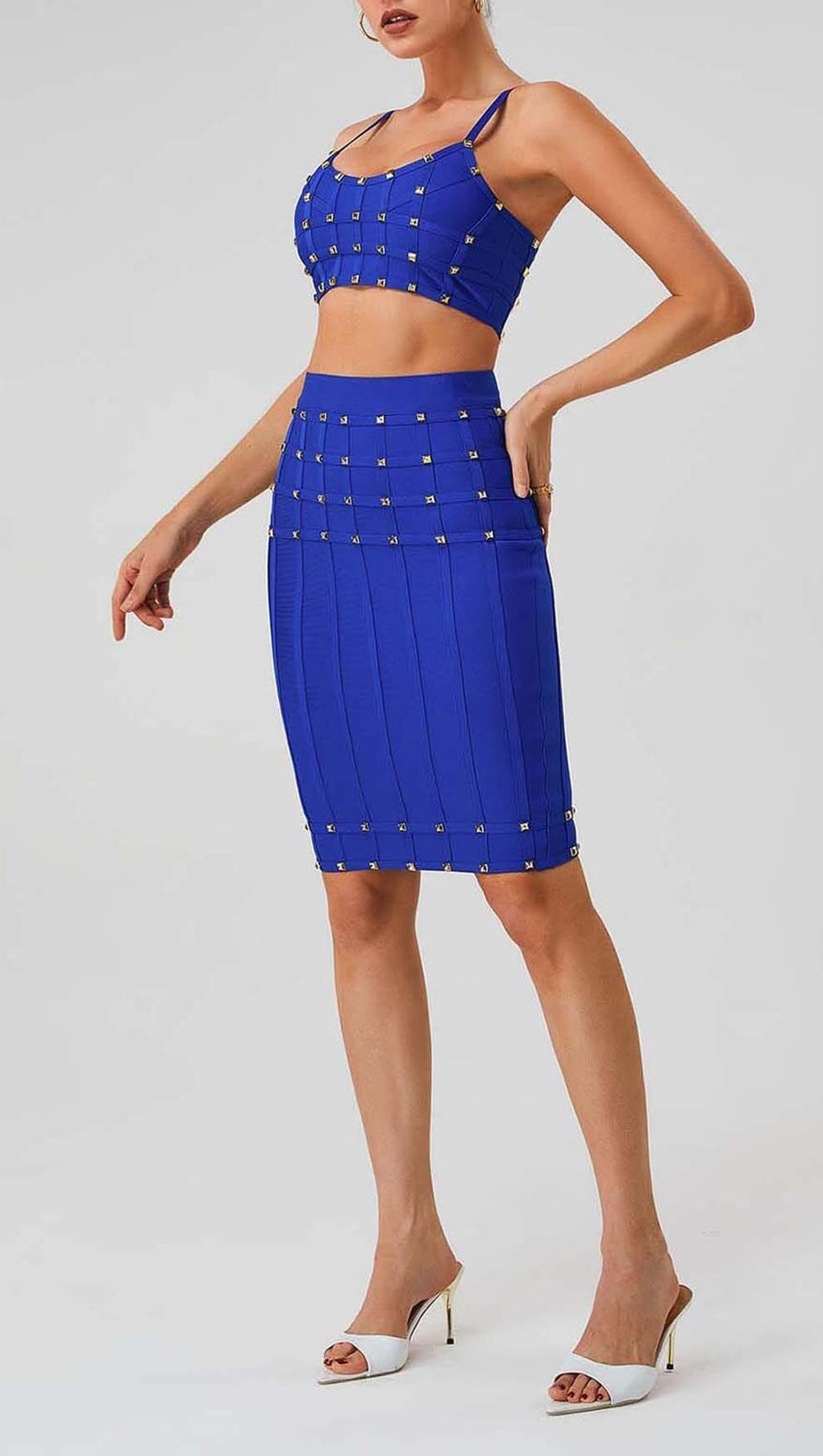STUDDED STRAP SLEEVELESS TWO PIECE SET IN BLUE