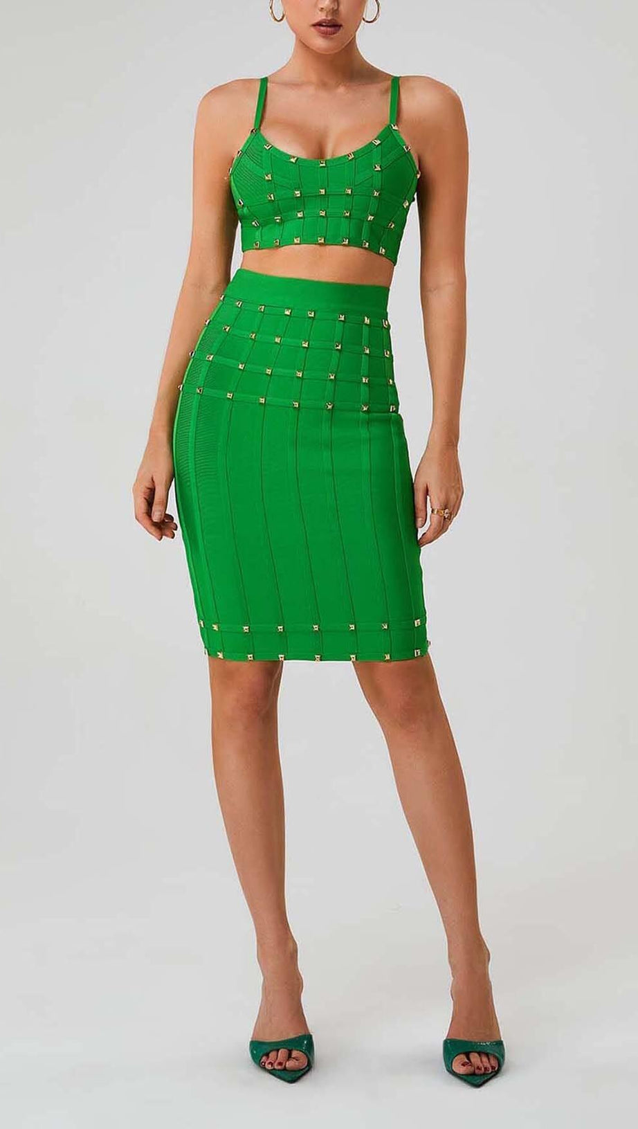 STUDDED STRAP SLEEVELESS TWO PIECE SET IN GREEN