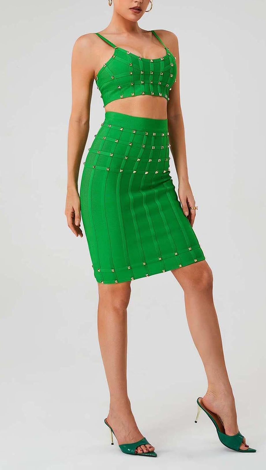 STUDDED STRAP SLEEVELESS TWO PIECE SET IN GREEN
