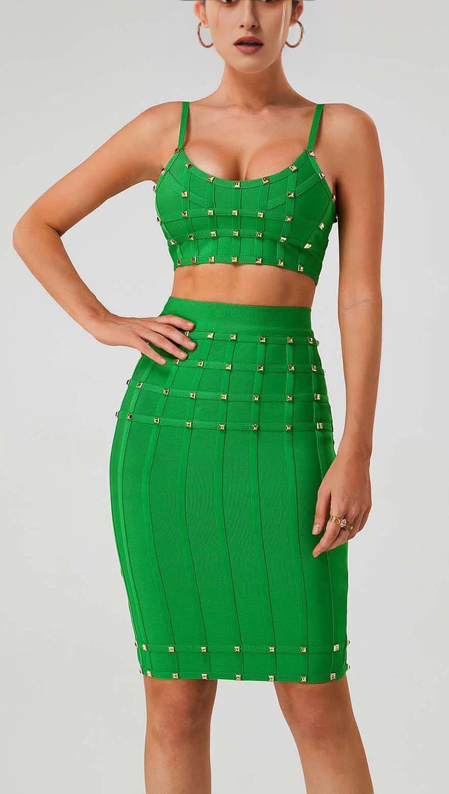 STUDDED STRAP SLEEVELESS TWO PIECE SET IN GREEN