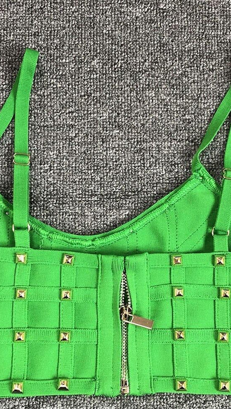 STUDDED STRAP SLEEVELESS TWO PIECE SET IN GREEN