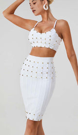 STUDDED STRAP SLEEVELESS TWO PIECE SET IN WHITE