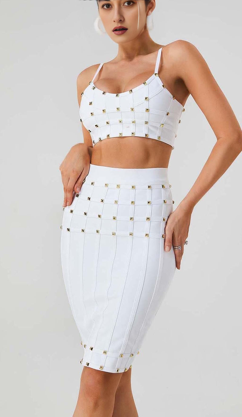 STUDDED STRAP SLEEVELESS TWO PIECE SET IN WHITE