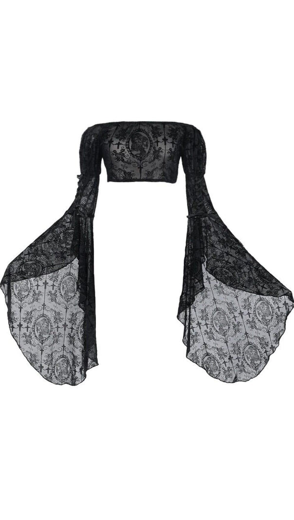 AIIZIE GOTHIC BLACK SLASH NECK LONG FLARE SLEEVE BLOUSE - product image