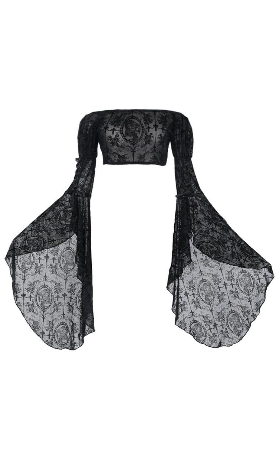 BLUSA GOTICA NERA CON SCOLLO A BARRE E MANICHE LUNGHE A SFERA