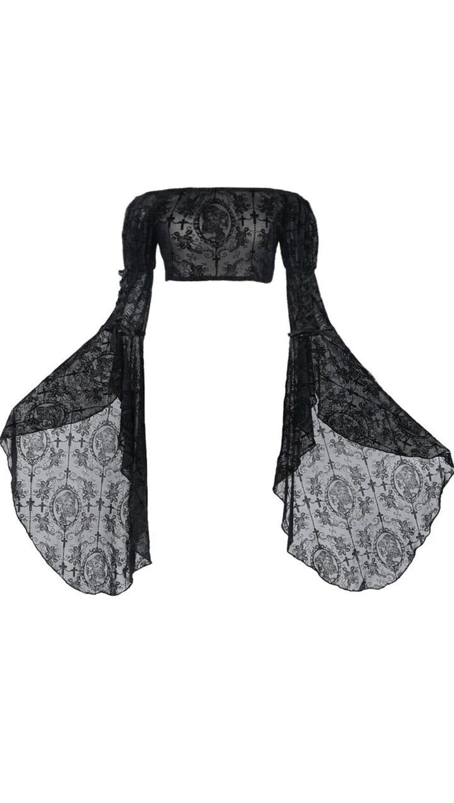 GOTHIC SCHWARZE BLUSE MIT RUNDAUSSCHNITT UND LANGEN AUSGESTELLTEN ÄRMELN