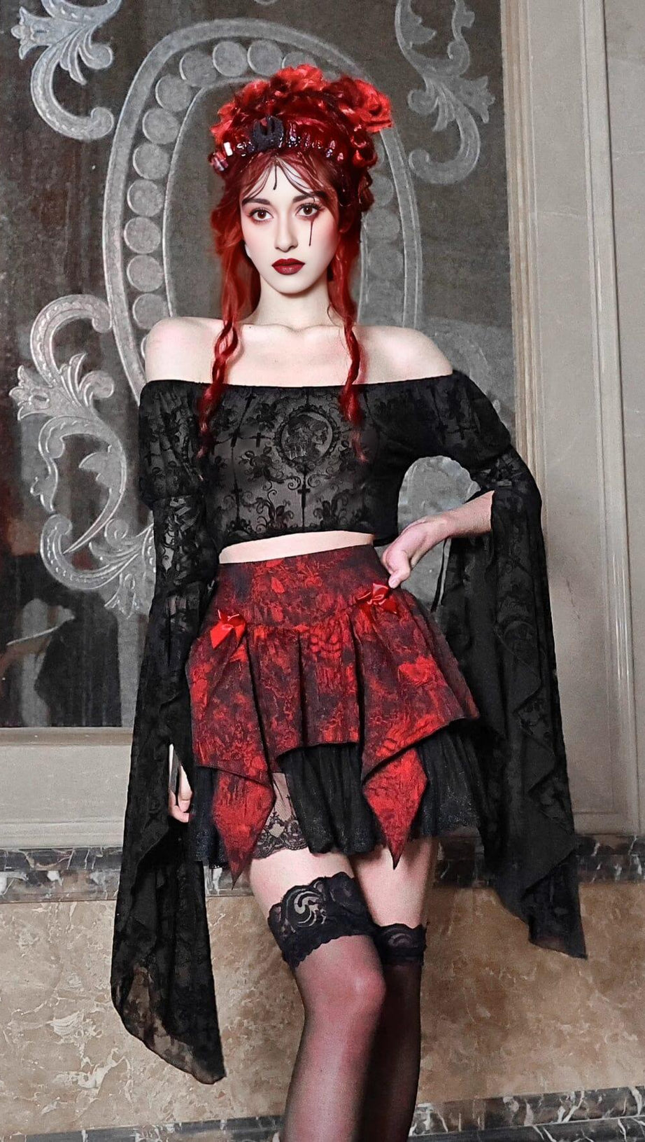 GOTHIC BLACK SLASH NECK LONG FLARE SLEEVE BLOUSE