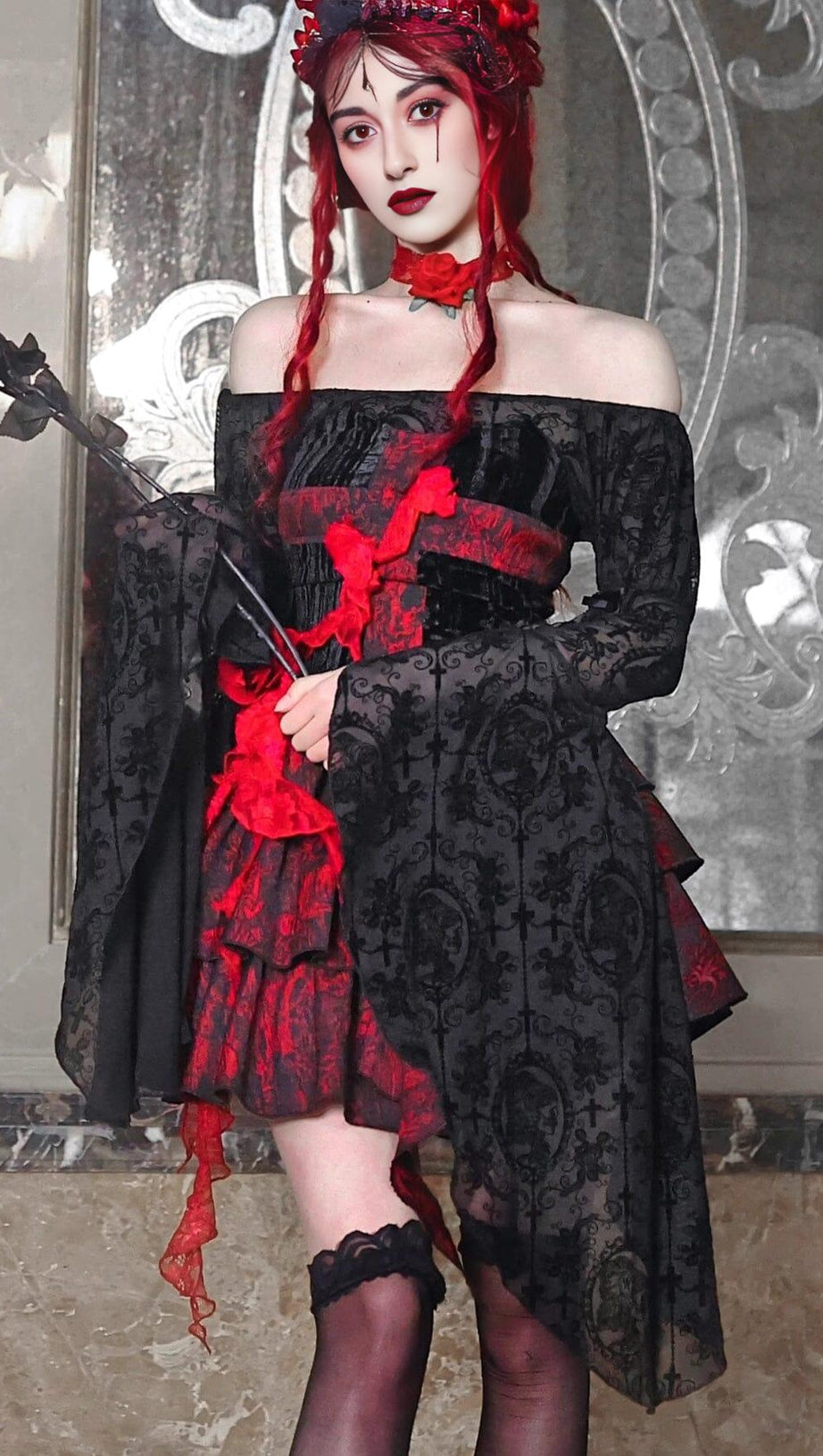 GOTHIC BLACK SLASH NECK LONG FLARE SLEEVE BLOUSE