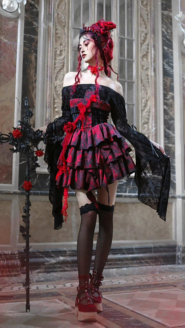 AIIZIE GOTHIC BLACK SLASH NECK LONG FLARE SLEEVE BLOUSE - product image