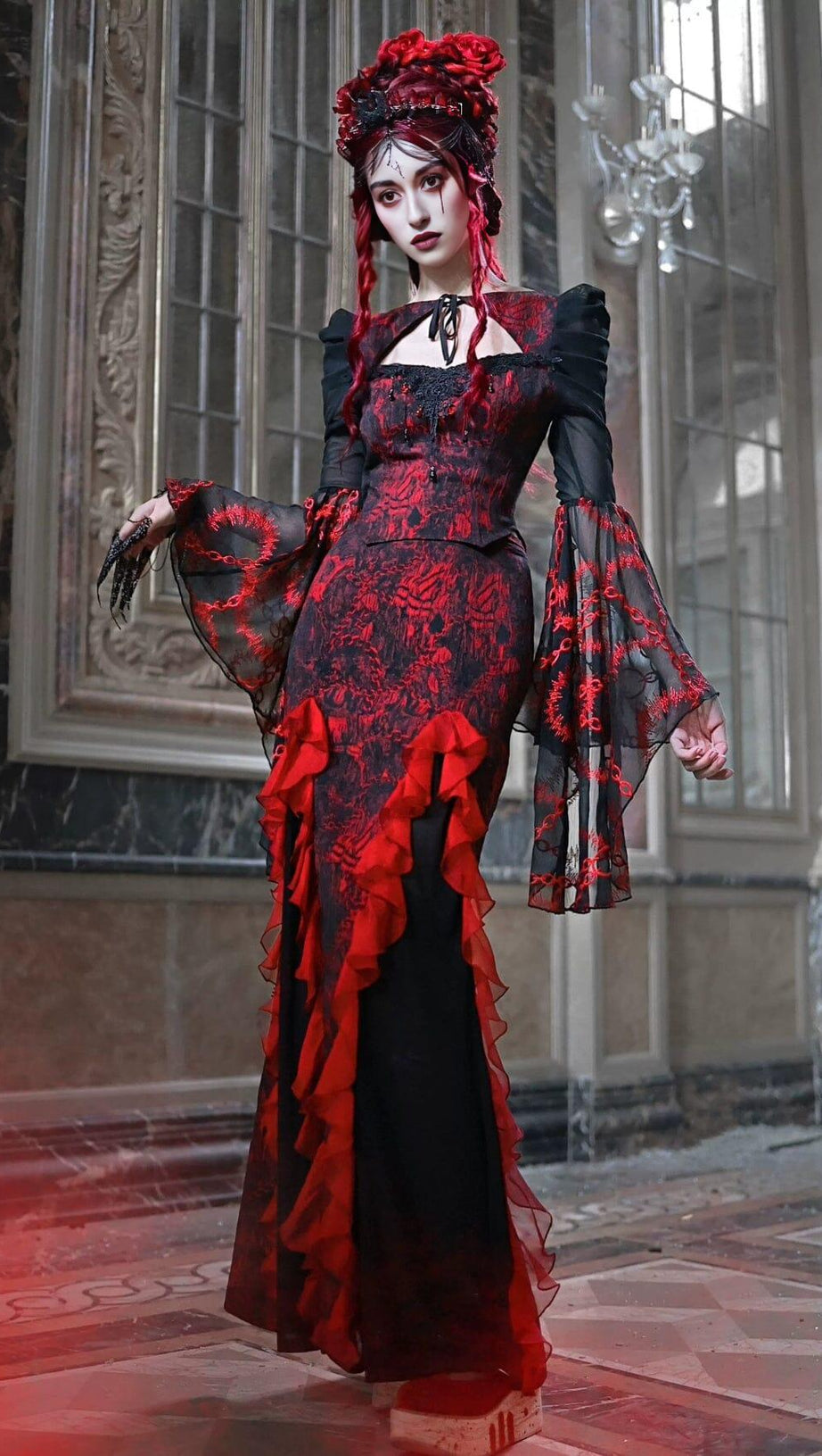 GOTHIC JACQUARD CHIFFON TAIL SKIRT