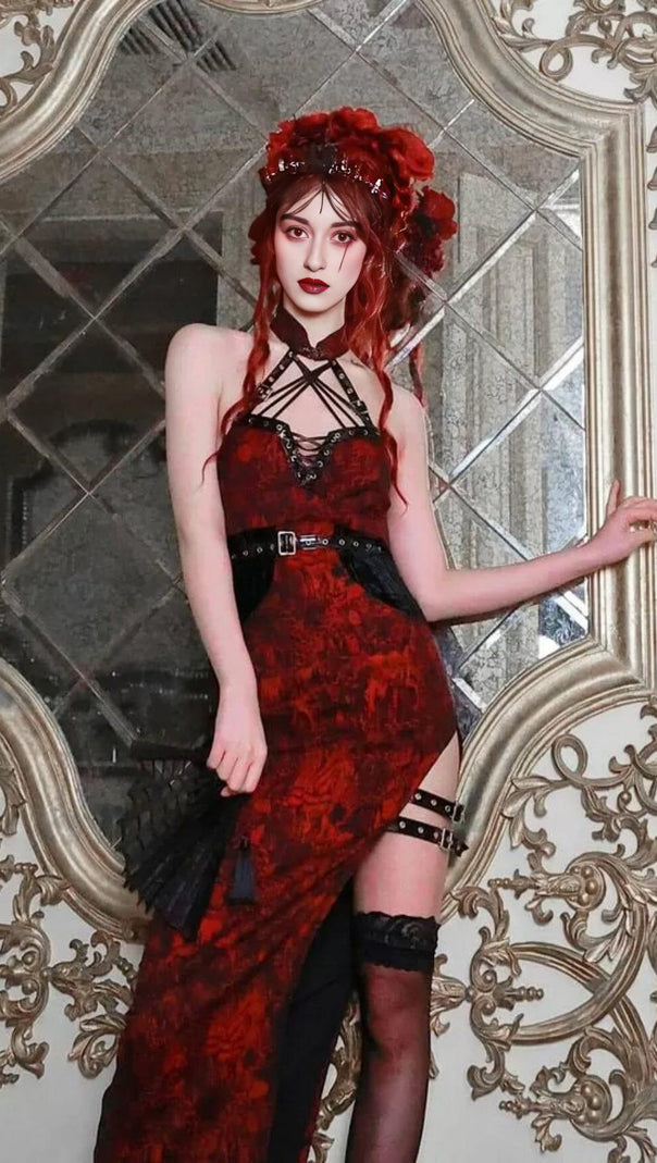 AIIZIE JACQUARD QIPAO ROMANTIC GOTH THIGH-HIGH SLIT DRESS - product image
