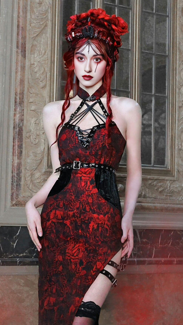 AIIZIE JACQUARD QIPAO ROMANTIC GOTH THIGH-HIGH SLIT DRESS - product image