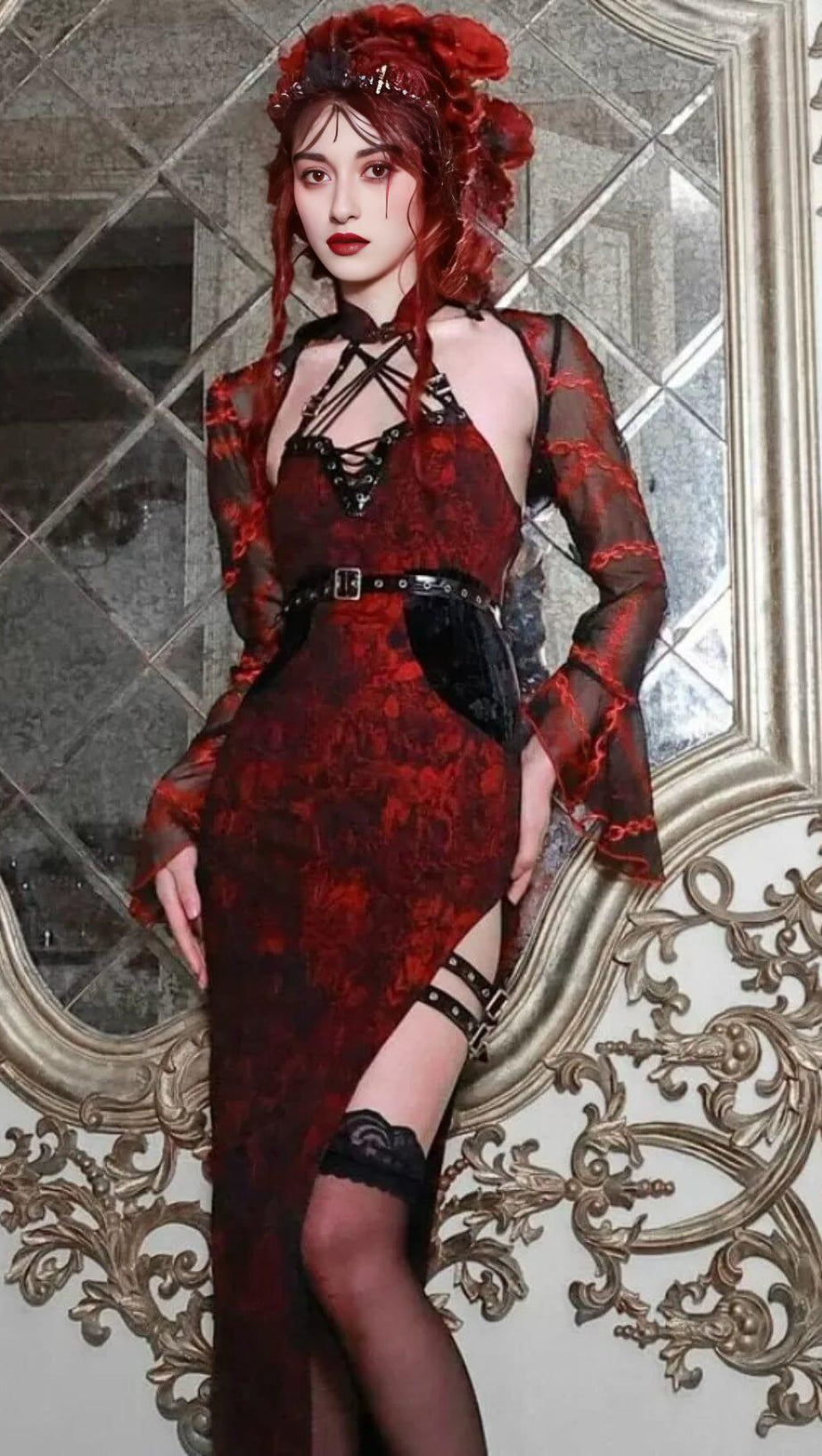 VAMPIRE BLACK CROPPED TOP WITH CHAIN EMBROIDERY BELL SLEEVES