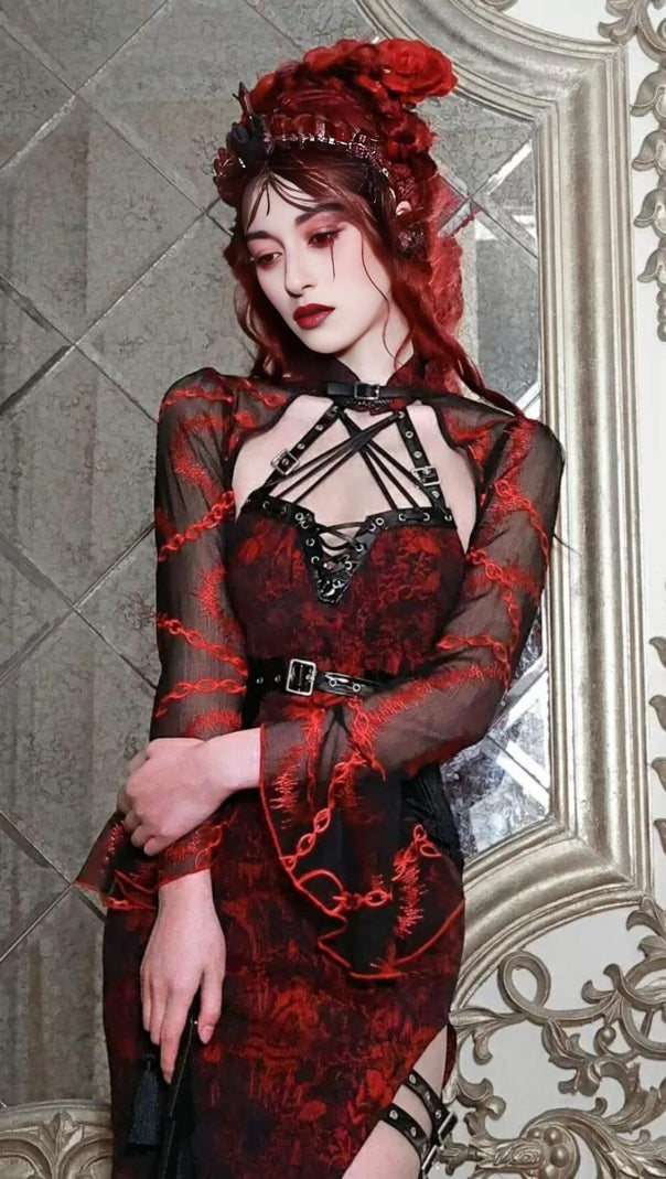 AIIZIE VAMPIRE BLACK CROPPED TOP WITH CHAIN EMBROIDERY BELL SLEEVES - product image