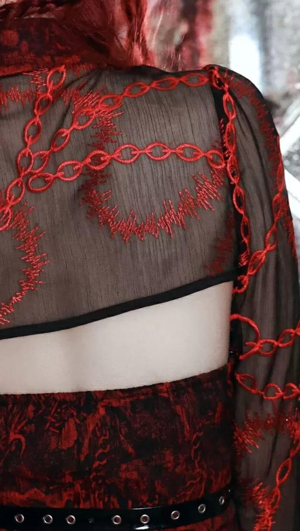 AIIZIE VAMPIRE BLACK CROPPED TOP WITH CHAIN EMBROIDERY BELL SLEEVES - product image