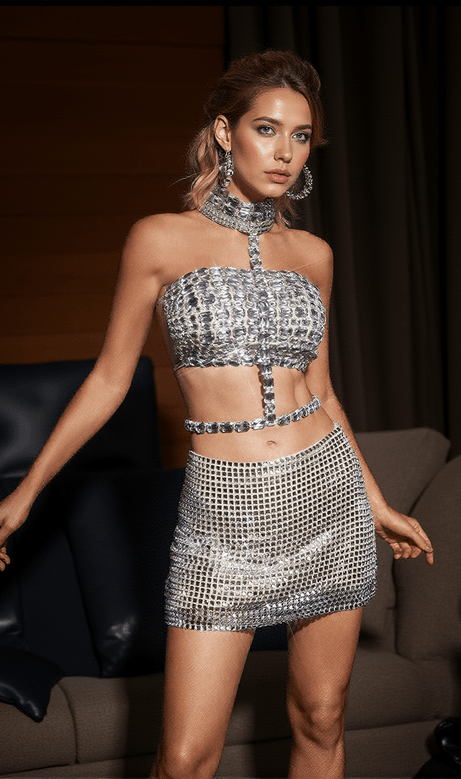 Zelie Rhinestone Cutout Crop Top In Silver