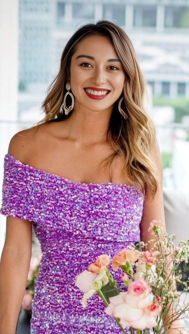 ABITO MIDI SENZA SPALLINE CON PAILLETTES VIOLA 