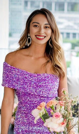 SEQUIN STRAPLESS MIDI DRESS IN PURPLE