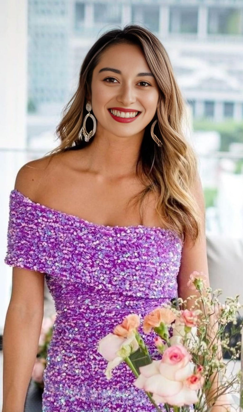 SEQUIN STRAPLESS MIDI DRESS IN PURPLE