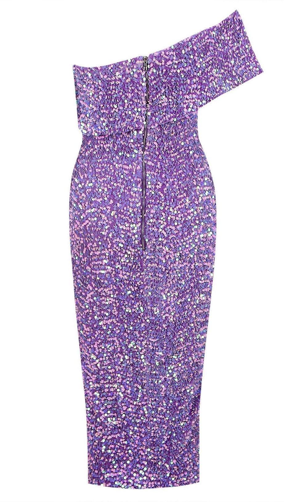 TRÄGERLOSES MIDIKLEID MIT PAILLETTEN IN LILA 