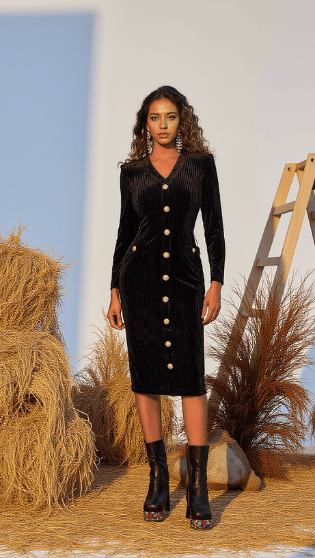 JOSIAS LONG SLEEVE BUTTON VELVET MIDI DRESS