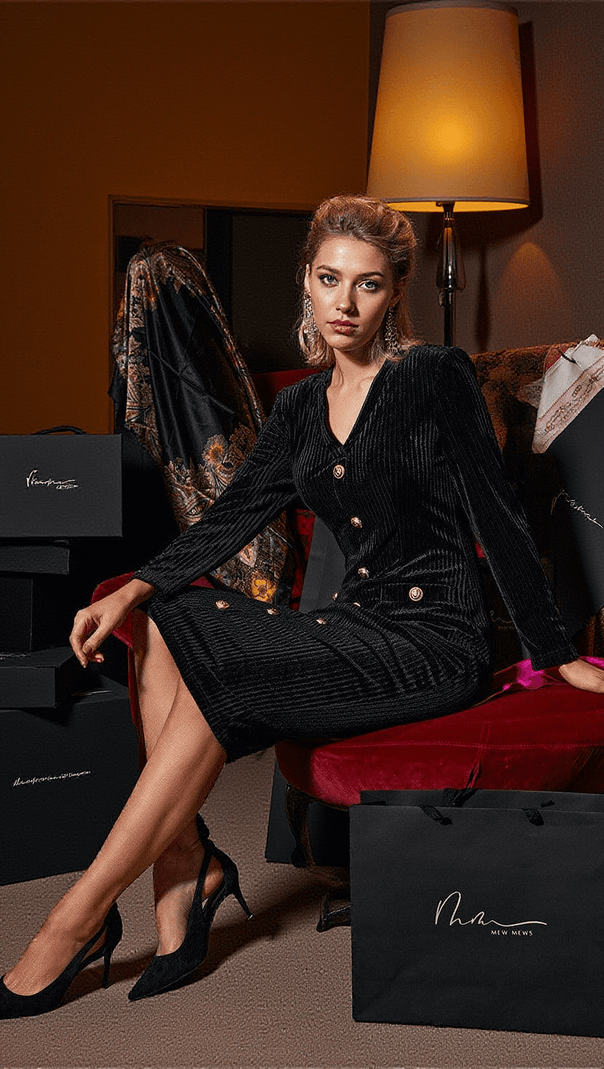 AIIZIE JOSIAS LONG SLEEVE BUTTON VELVET MIDI DRESS - product image