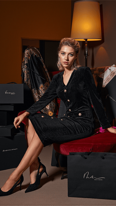 JOSIAS LONG SLEEVE BUTTON VELVET MIDI DRESS