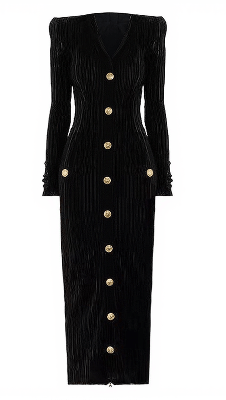 JOSIAS LONG SLEEVE BUTTON VELVET MIDI DRESS