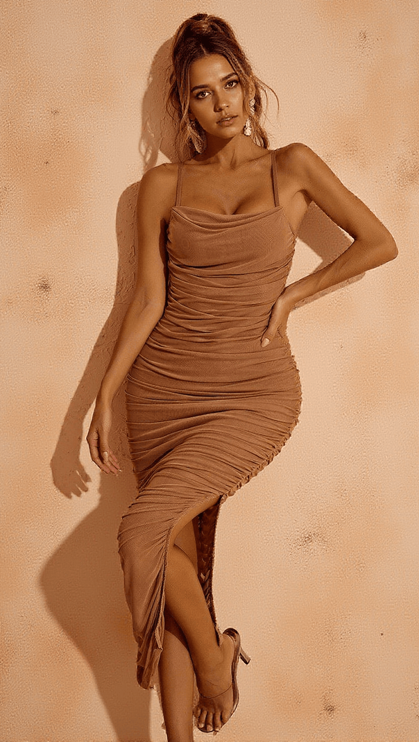 AIIZIE OPHELIA SPAGHETTI MESH BANDAGE DRESS IN BROWN - product image