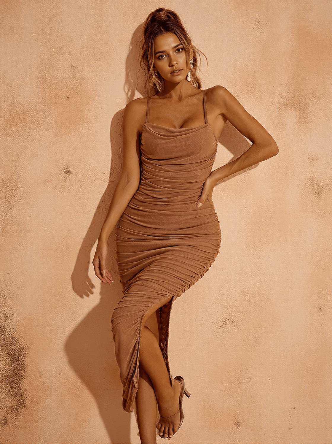 OPHELIA SPAGHETTI MESH BANDAGE DRESS IN BROWN