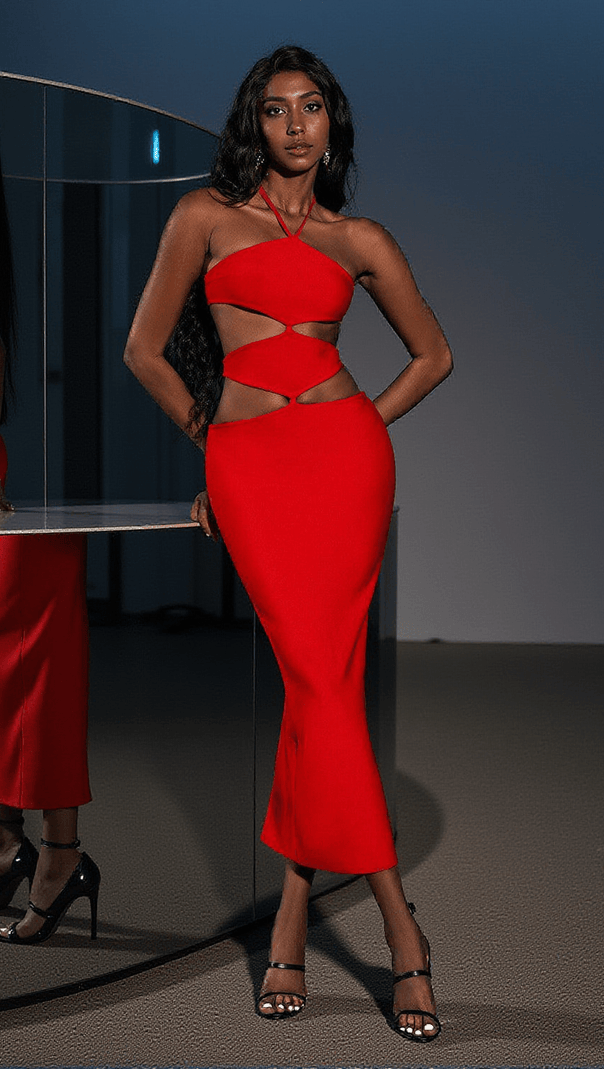 AIIZIE HEDWIG CUTOUT HIGH SPLIT BANDAGE DRESS IN RED - product image